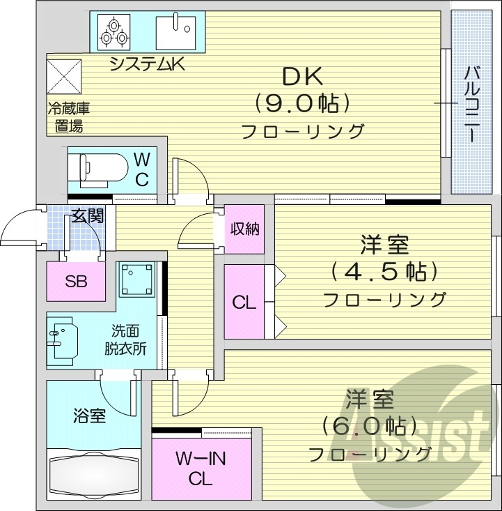 2DK、エアコン、追い焚き、浴室乾燥機、システムキッチン