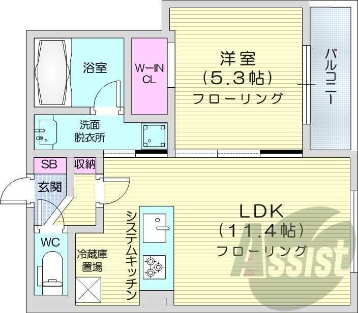 1LDK、エアコン、追い焚き、浴室乾燥機、システムキッチン