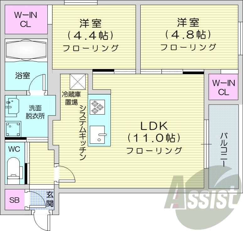 2LDK、エアコン、追い焚き、浴室乾燥機、システムキッチン