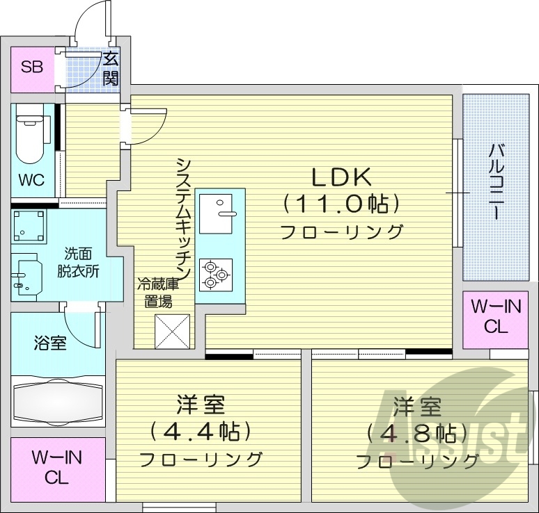 2LDK、エアコン、追い焚き、浴室乾燥機、システムキッチン