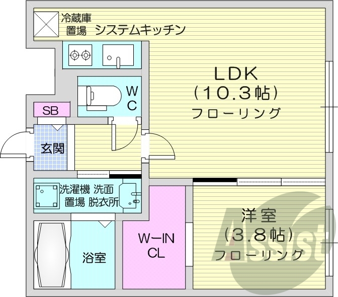 1LDK、システムキッチン、浴室乾燥機、エアコン