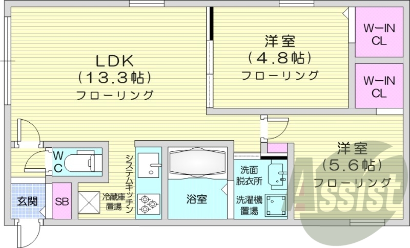 2LDK、システムキッチン、浴室乾燥機、エアコン