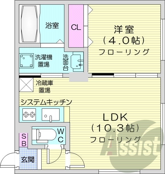 1LDK、都市ガス、エアコン、浴室乾燥機、システムキッチン