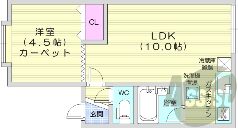 1LDK、シャワートイレ、バストイレ別、ガスキッチン