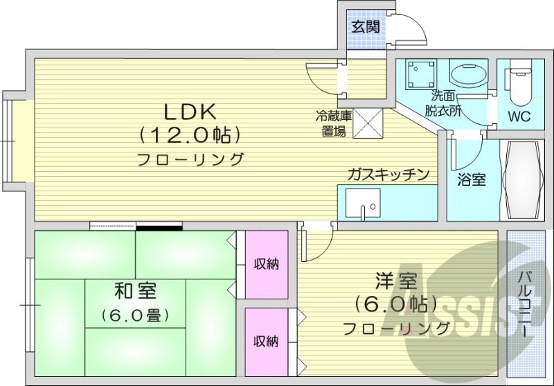 2LDK、独立洗面台、バストイレ別、室内洗濯機置場