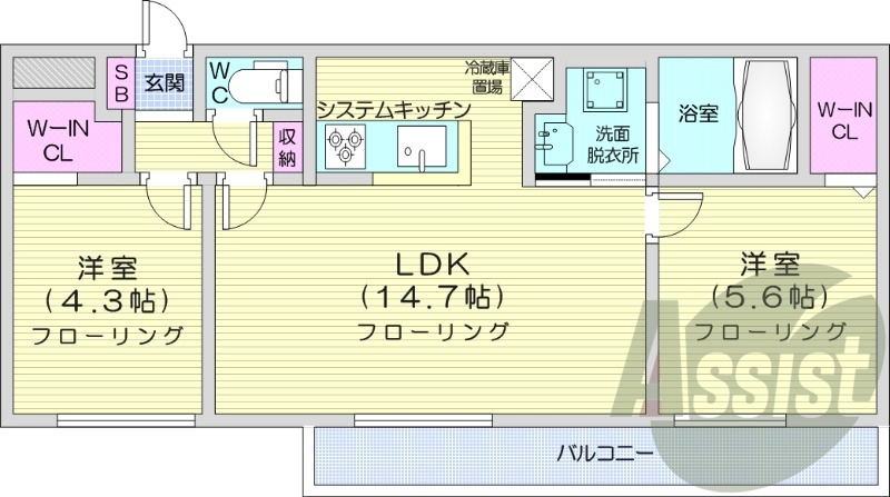 2LDK、都市ガス、エアコン、浴室乾燥機、システムキッチン