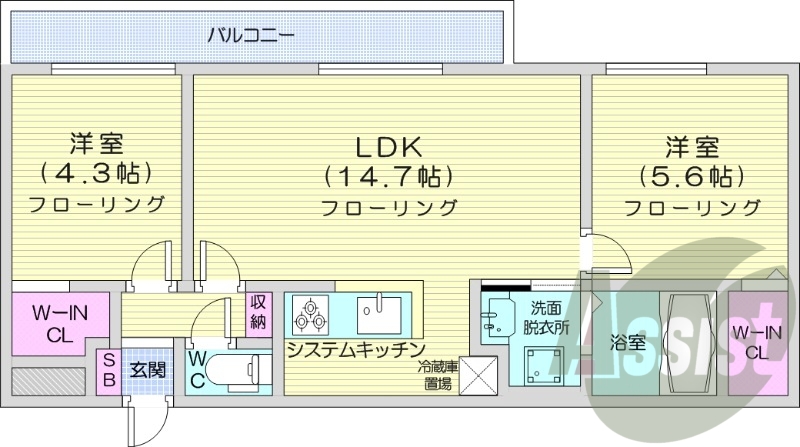 2LDK、都市ガス、エアコン、浴室乾燥機、システムキッチン