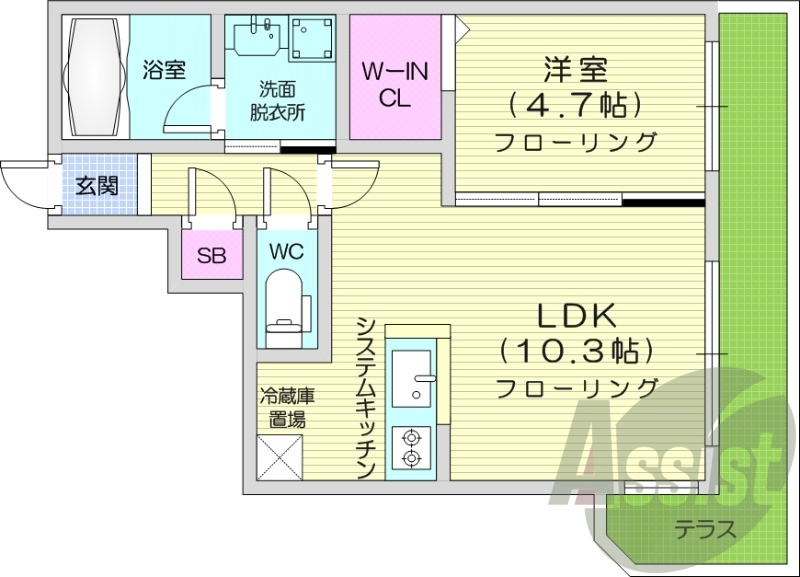 1LDK、都市ガス、エアコン、ネット無料、システムキッチン