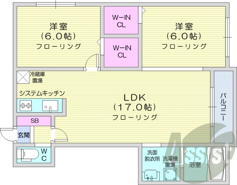 2LDK、1坪バス、追い焚き、トランクルーム