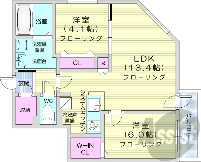 2LDK、都市ガス、食洗器、追い焚き、浴室乾燥機、エアコン