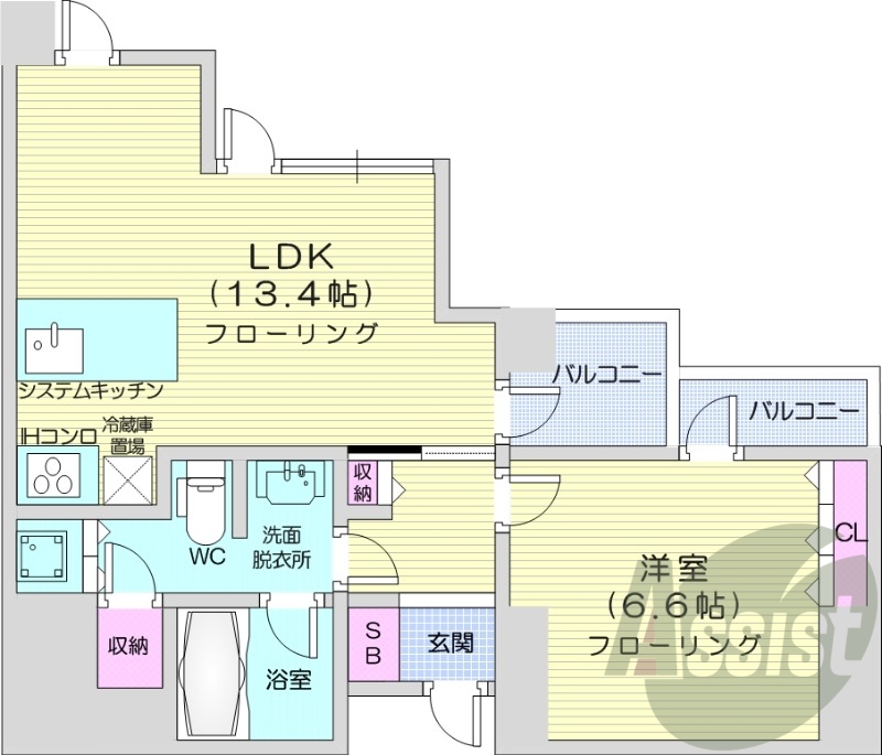 1LDK、エアコン、光ファイバー、システムキッチン