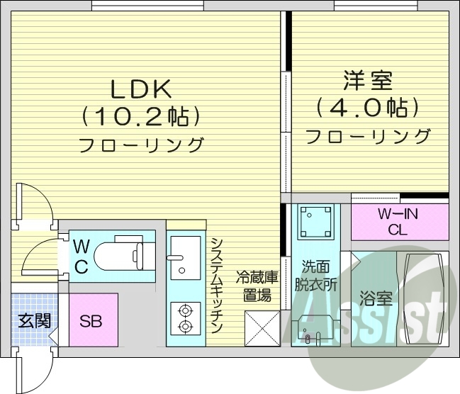1LDK、オートロック、ネット無料、システムキッチン