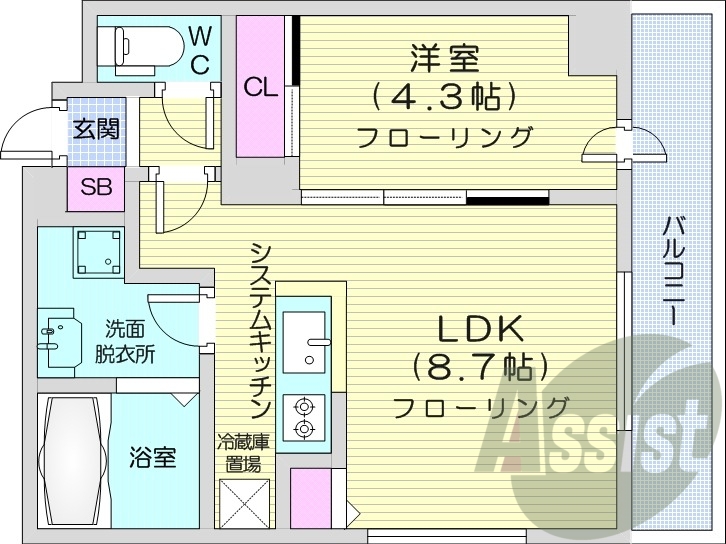 1LDK、都市ガス、エアコン、浴室乾燥機、ネット無料