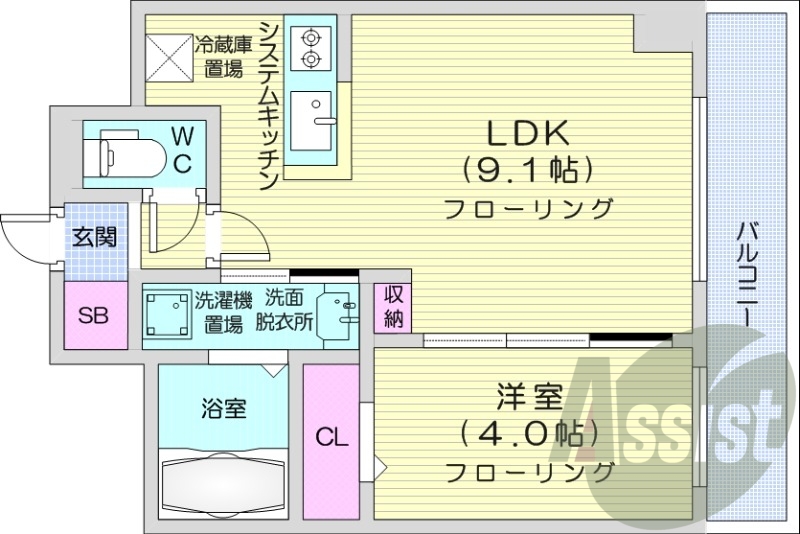 1LDK、都市ガス、エアコン、浴室乾燥機、ネット無料