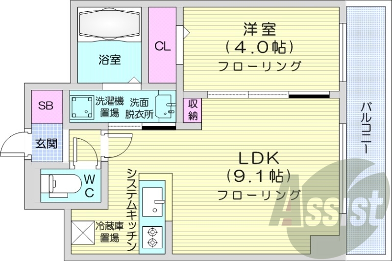 1LDK、都市ガス、エアコン、浴室乾燥機、ネット無料