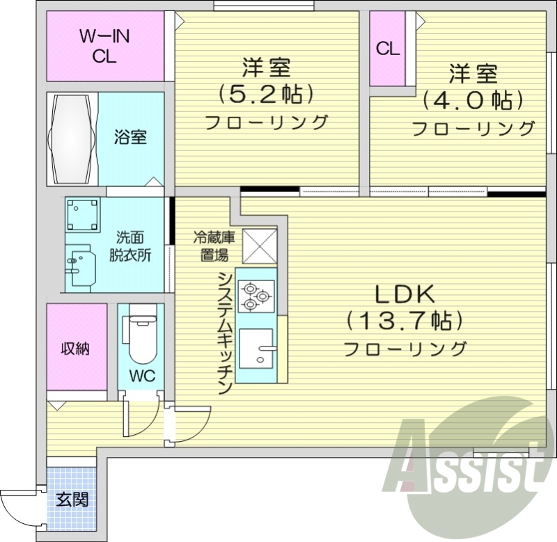 2LDK、都市ガス、エアコン、システムキッチン