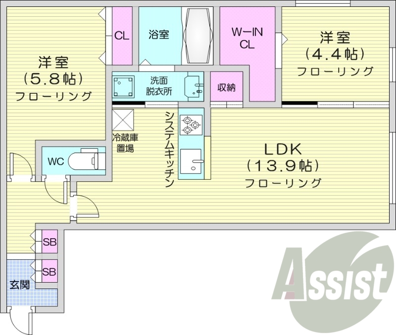 2LDK、都市ガス、エアコン、システムキッチン