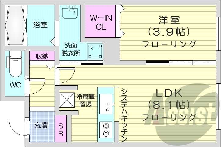 1LDK、都市ガス、エアコン、システムキッチン