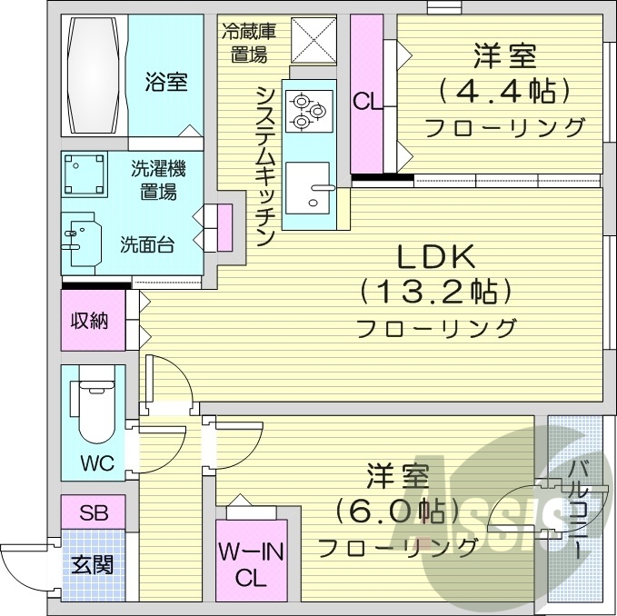 2LDK、都市ガス、食洗器、追い焚き、浴室乾燥機、エアコン