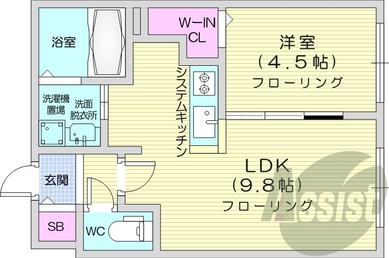 1LDK、システムキッチン、エアコン、都市ガス。