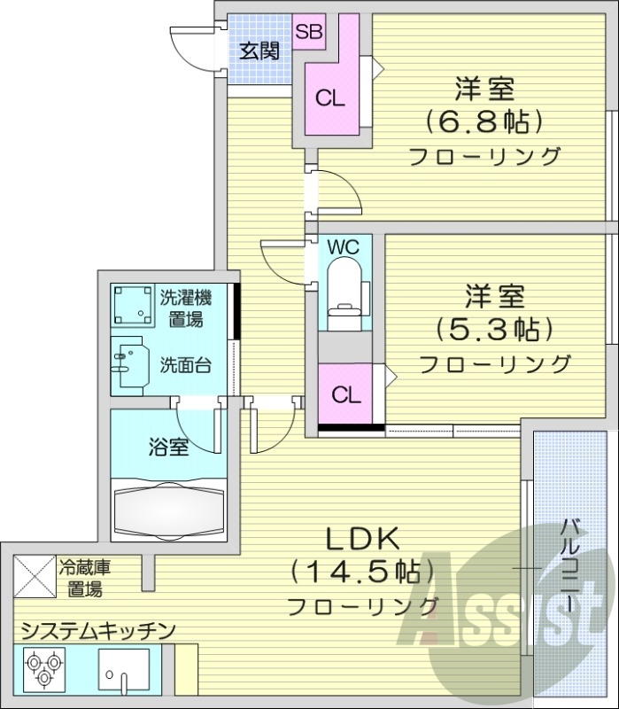 2LDK、都市ガス、エアコン、独立洗面台、システムキッチン