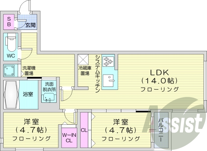 2LDK、システムキッチン、エアコン、都市ガス