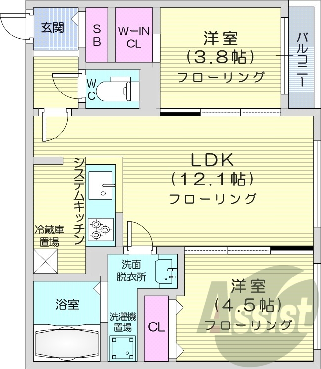 2LDK、都市ガス、エアコン、ガス暖房、ネット無料