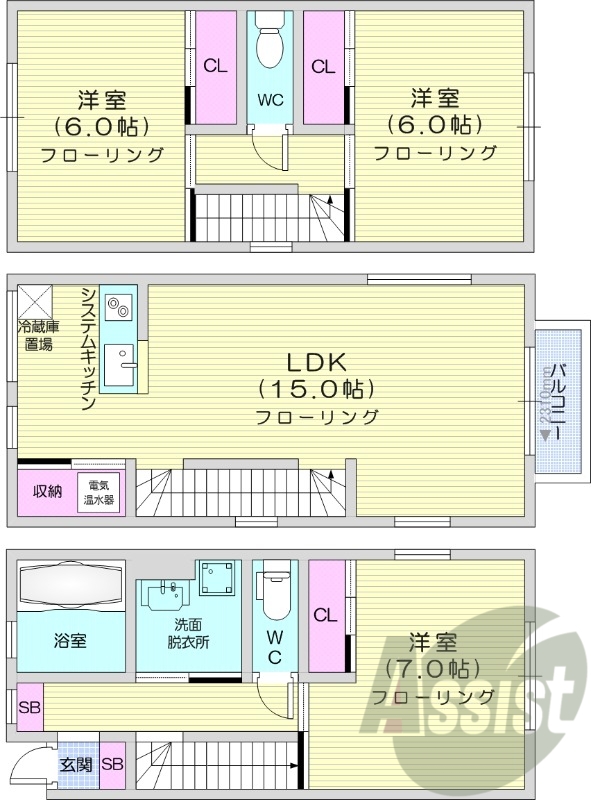 3LDK、ペット可、無料駐車場2台、インターネット無料