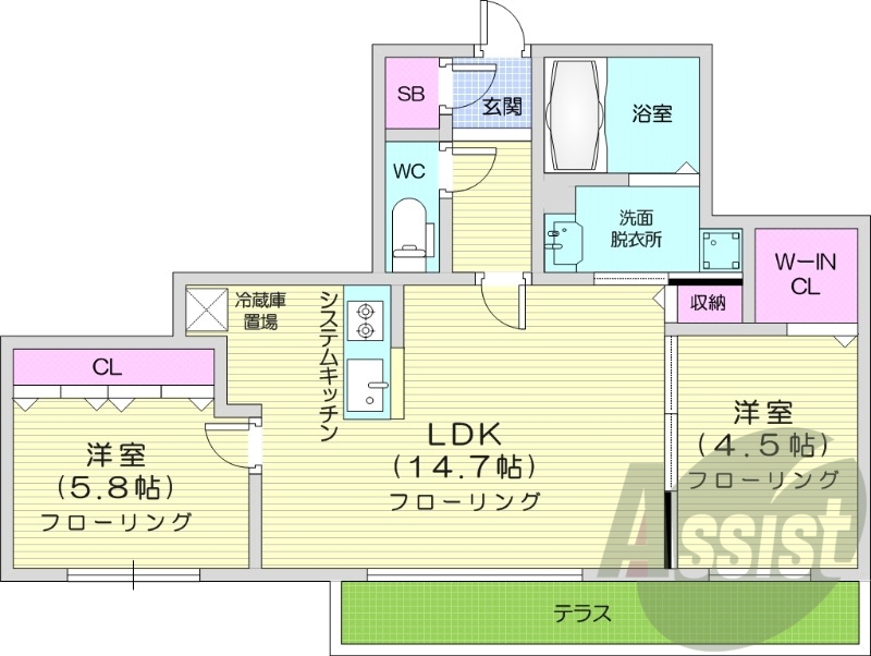2LDK、システムキッチン、エアコン、宅配ボックス