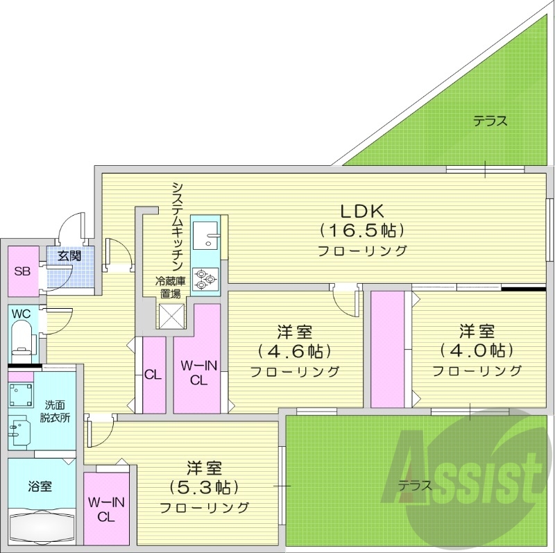 3LDK、都市ガス、エアコン、ガス暖房、ネット無料