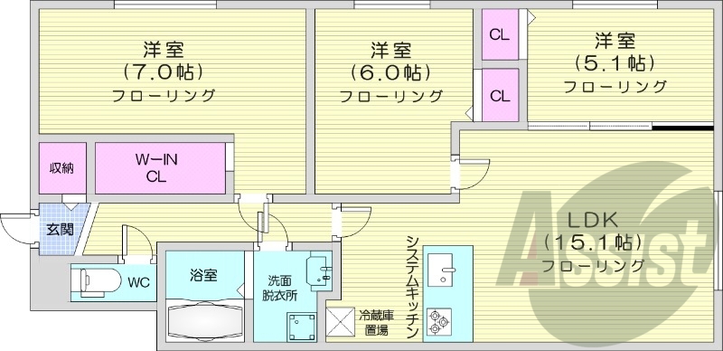 3LDK、都市ガス、エアコン、システムキッチン、追い焚き
