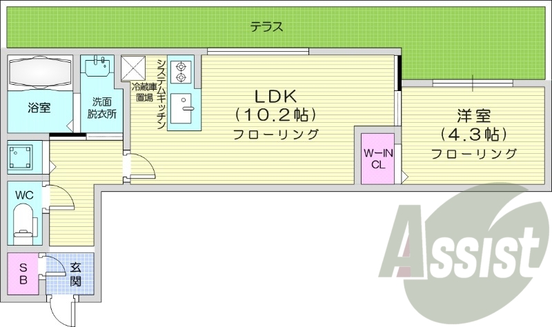 1LDK、システムキッチン、エアコン、都市ガス