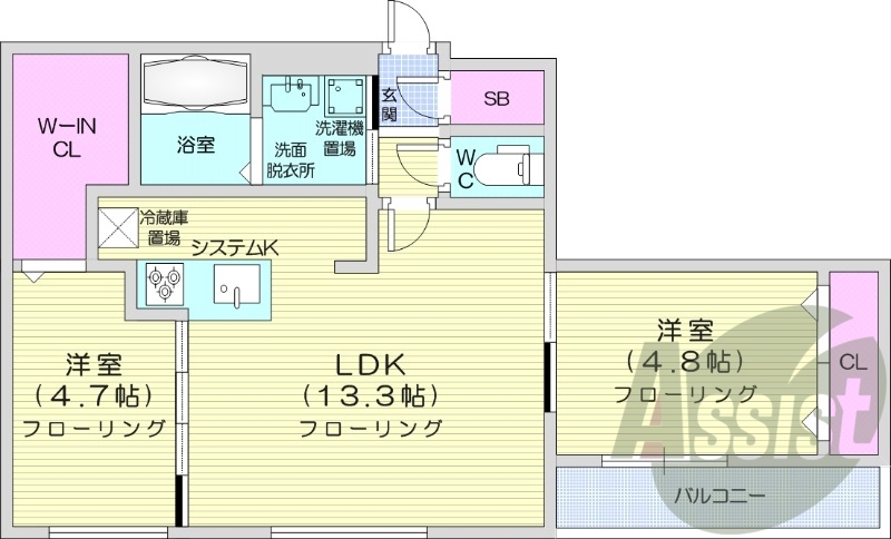 2LDK、都市ガス、エアコン、ガス暖房、ネット無料