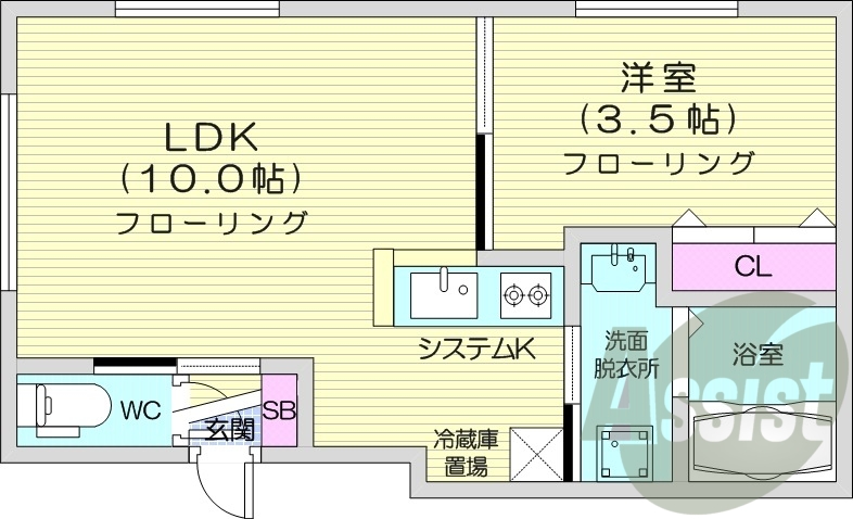 1LDK、エアコン、システムキッチン、ネット無料