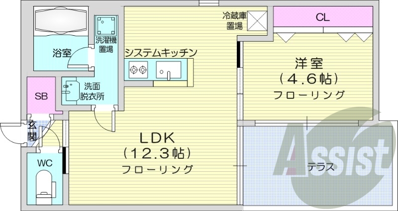 1LDK、エアコン、ネット無料、システムキッチン