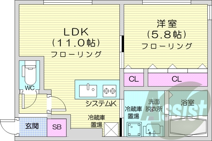 1LDK、都市ガス、エアコン、システムキッチン