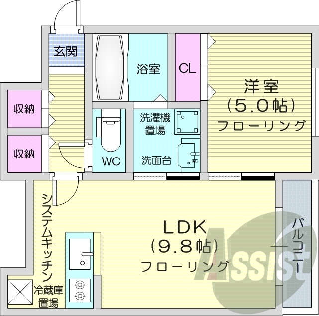1LDK、都市ガス、ペット可、エアコン、顔認証オートロック