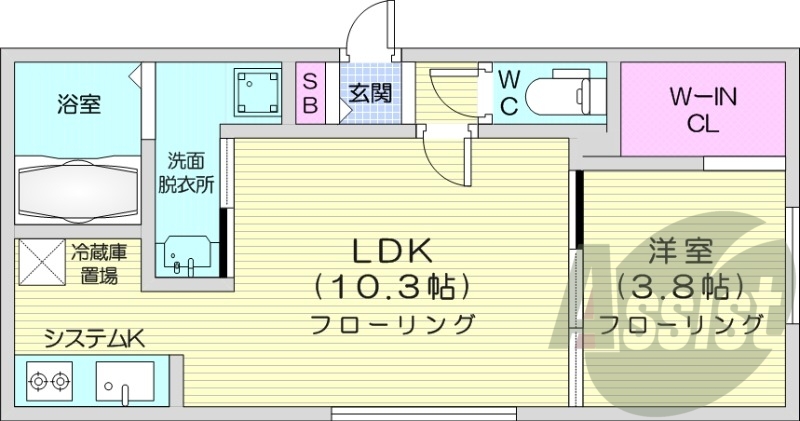 1LDK、エアコン、システムキッチン、浴室乾燥機