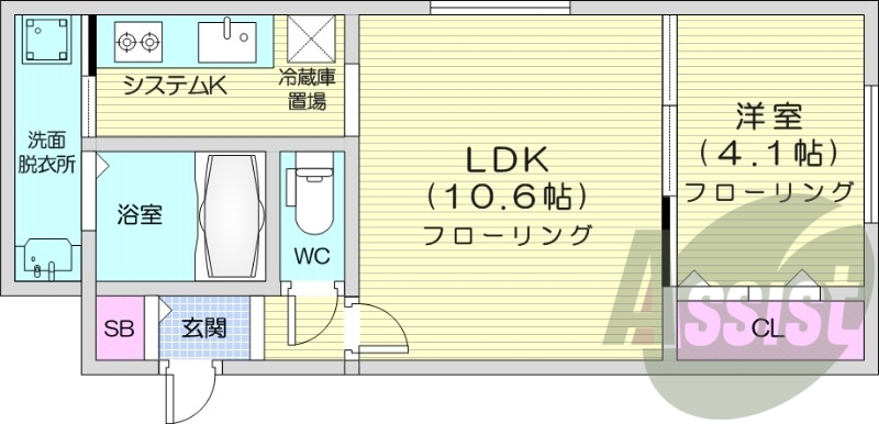 1LDK、エアコン、システムキッチン、浴室乾燥機