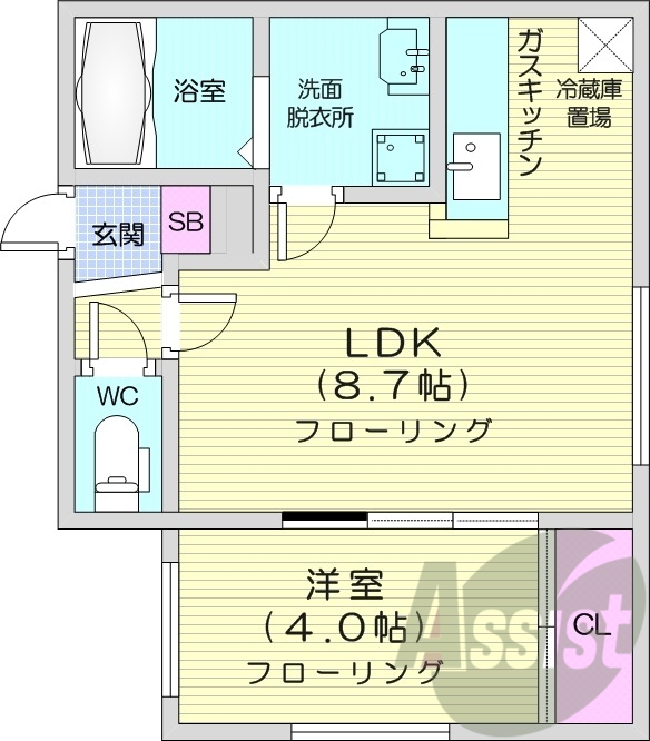 1LDK、エアコン、ガス暖房、ネット無料、浴室乾燥機
