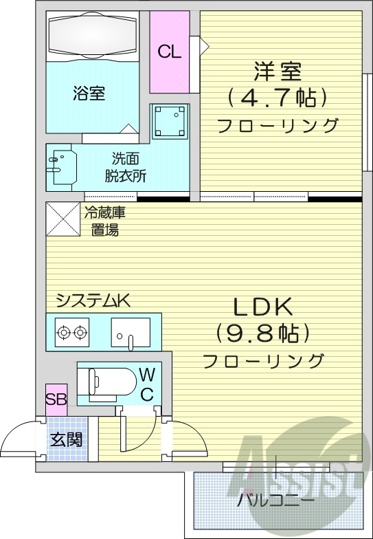 1LDK、システムキッチン、ネット無料、ガスリミット