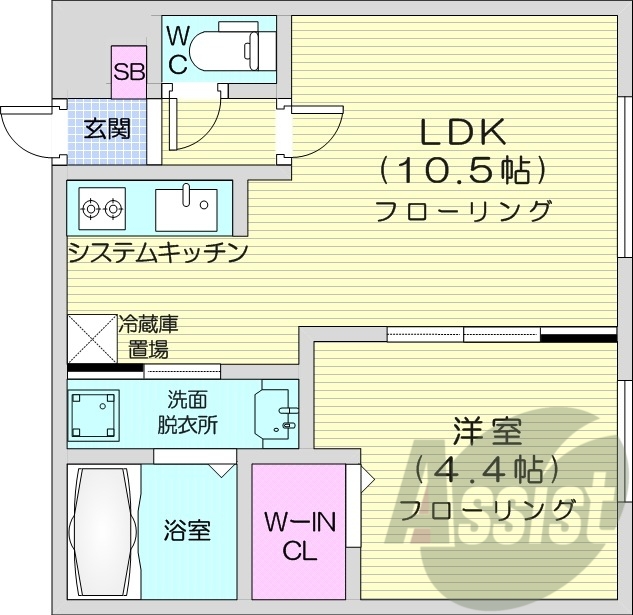 1LDK、エアコン、灯油暖房、システムキッチン
