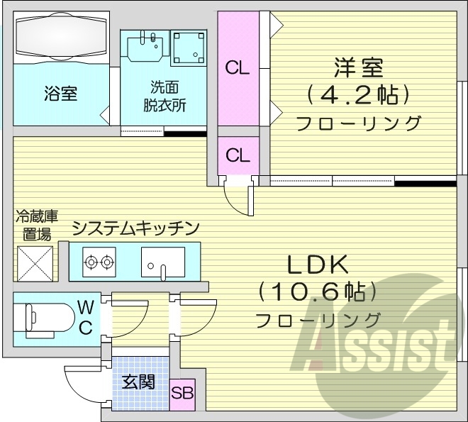 1LDK、エアコン、灯油暖房、システムキッチン