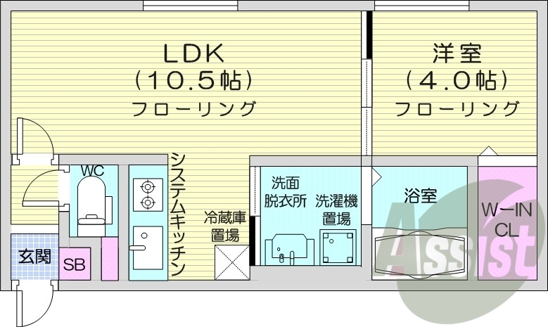 1LDK、エアコン、灯油暖房、システムキッチン