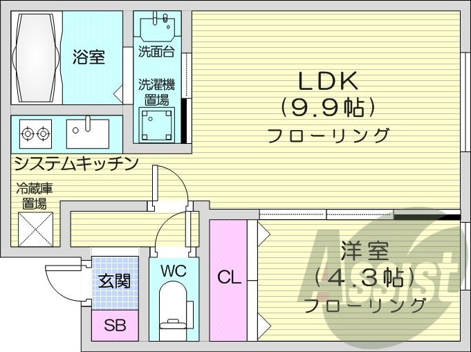 1LDK、エアコン、灯油暖房、システムキッチン