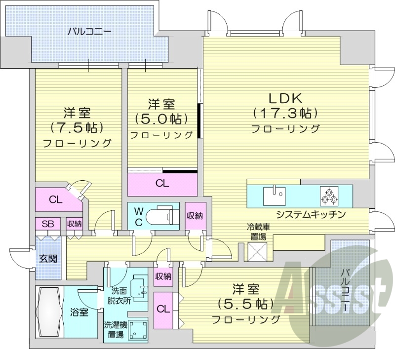 3LDK、都市ガス、追い焚き、システムキッチン、浴室乾燥機