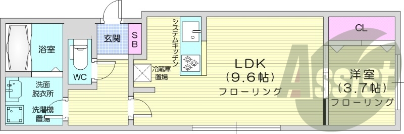 1LDK、エアコン、独立洗面台、システムキッチン、