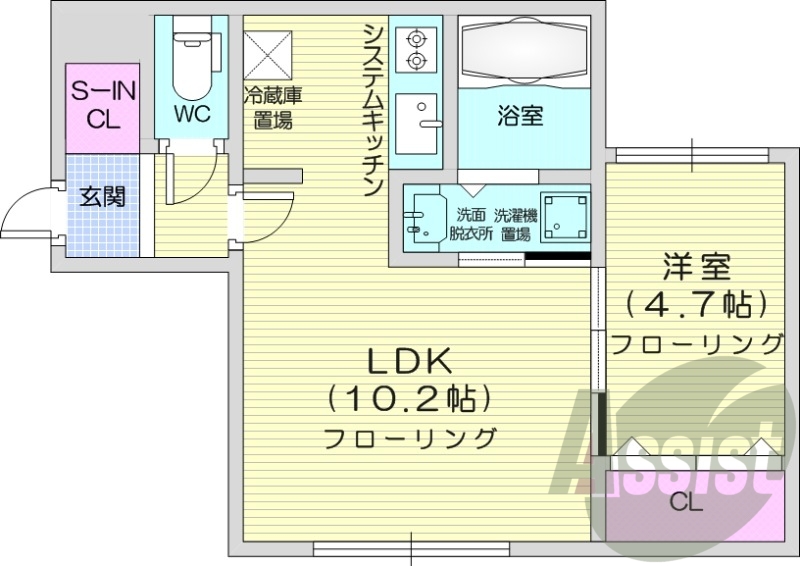 1LDK、エアコン、独立洗面台、システムキッチン、