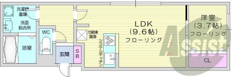 1LDK、エアコン、独立洗面台、システムキッチン、