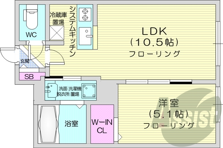 1LDK、エアコン、独立洗面台、システムキッチン、